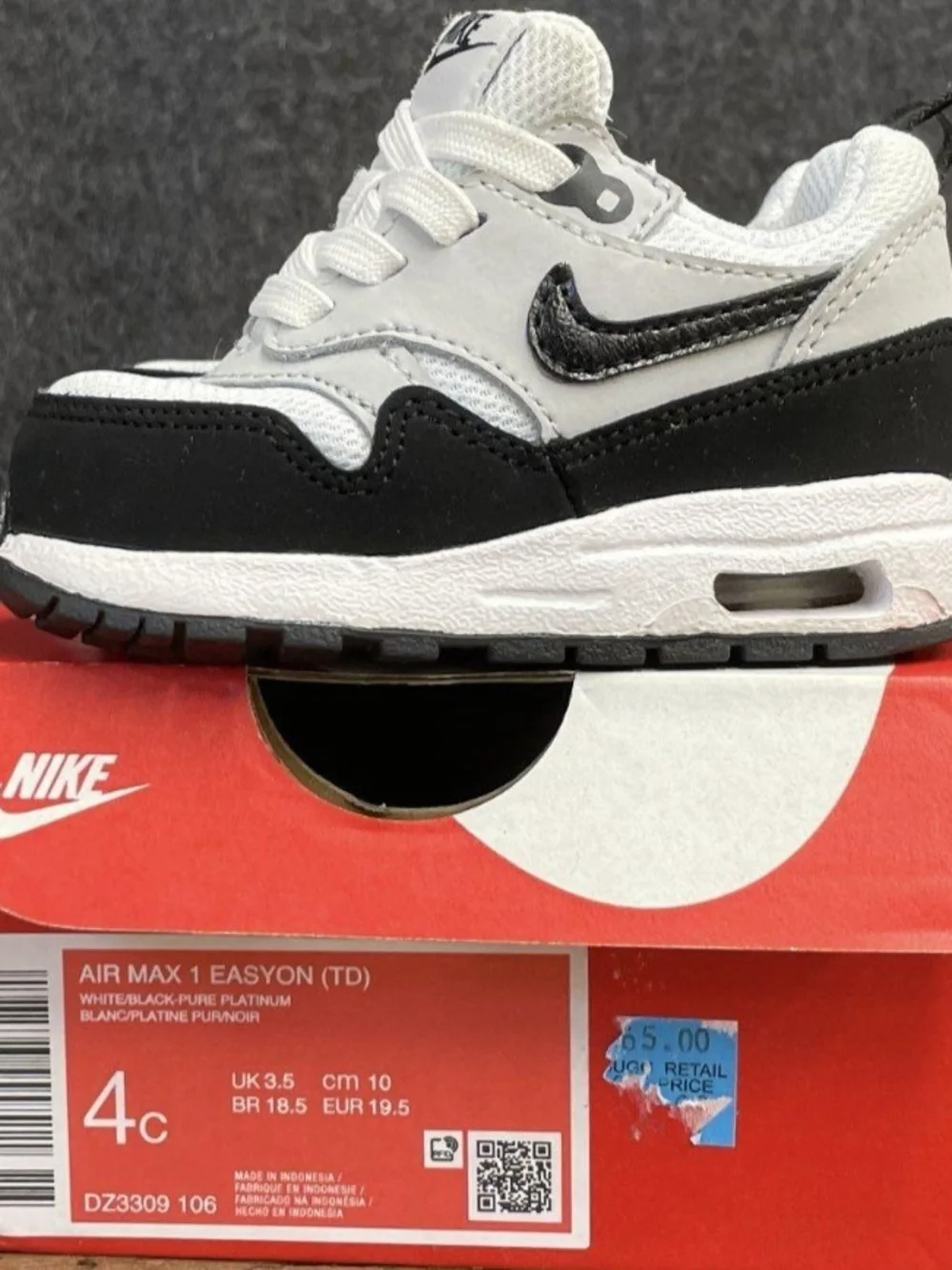 Nike Air Max 1 Easyon (TD) White Black Toddler Sneakers Size 4C NIB $65